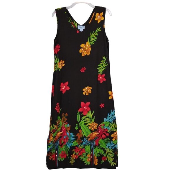 Jane Ashley | Tropical Parrot Print Sleeveless Pull On Maxi Dress Black | Size L - Picture 1 of 9